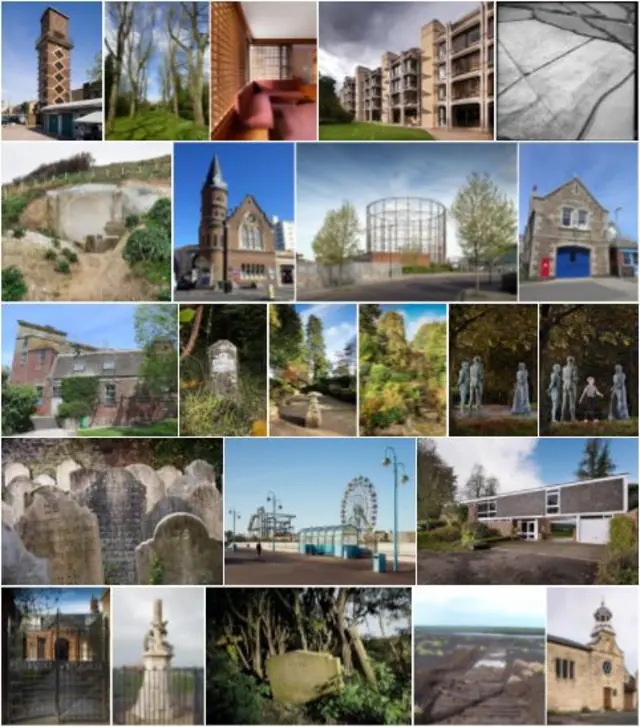 A composite image of numerous locations given protection by Historic England in 2017