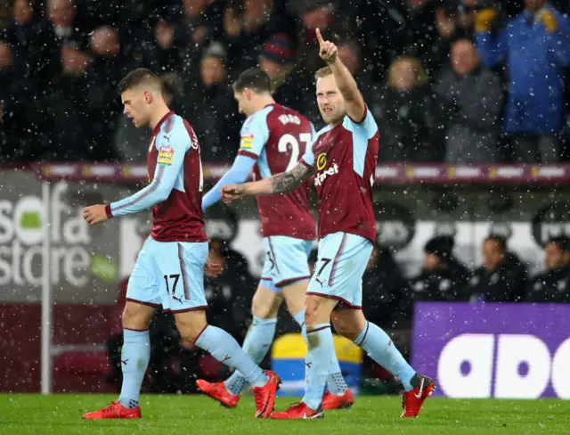 Burnley players celebrate the win over Stoke