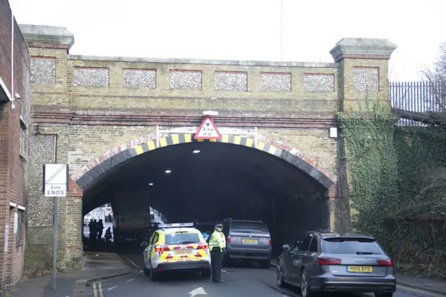 Lorry stuck under bridge, Hove