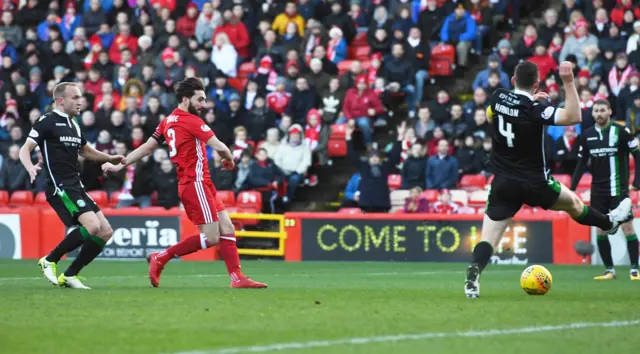 Aberdeen captain Graeme Shinnie shoots the hosts ahead on 11 minutes