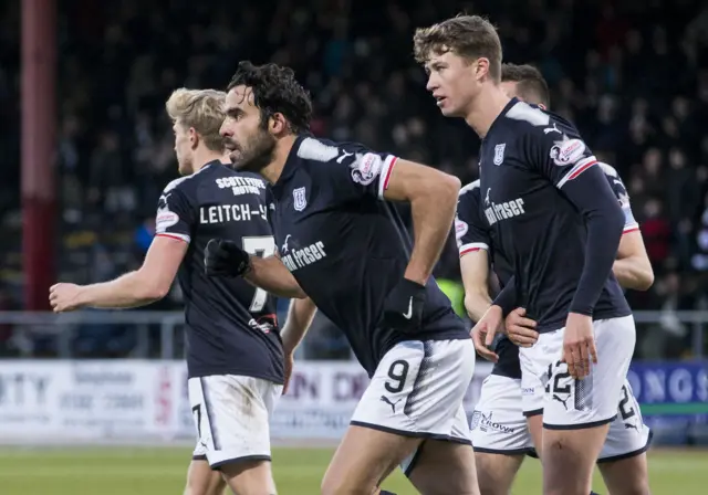 Sofien Moussa celebrates after giving Dundee the lead from the penalty spot