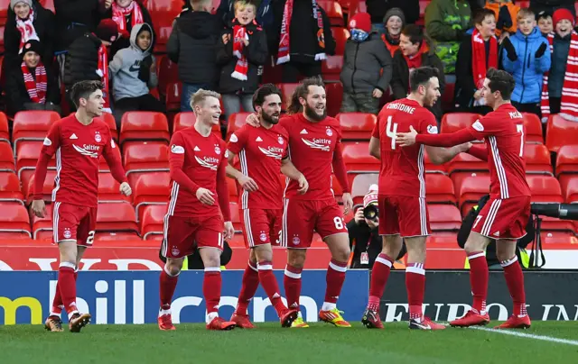 Aberdeen celebrate Graeme Shinnie's opener at Pittodrie