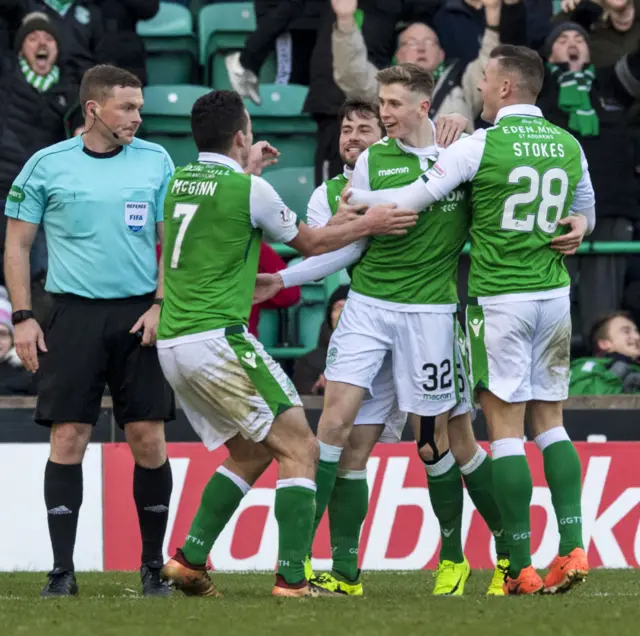 Oli Shaw celebrates scoring against Celtic