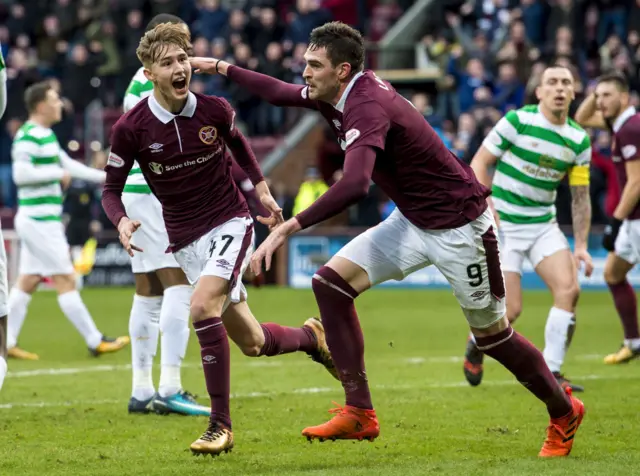 Harry Cochrane celebrates opening the scoring at Tynecastle