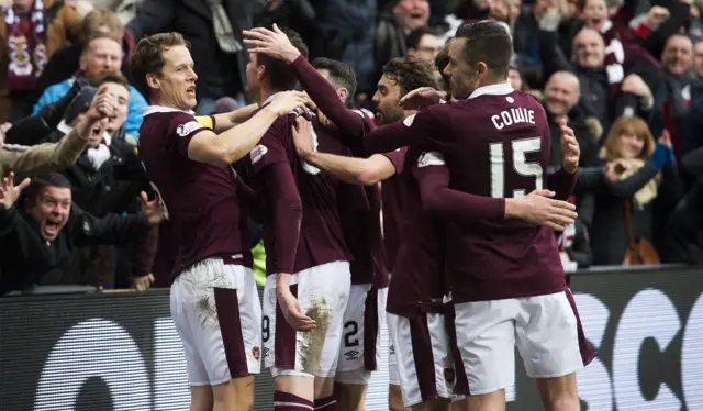 Hearts celebrate their second goal at Tynecastle