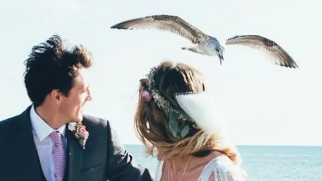 The couple being swooped on by a seagull