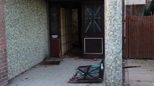 Smashed doors at community centre in Burngreave