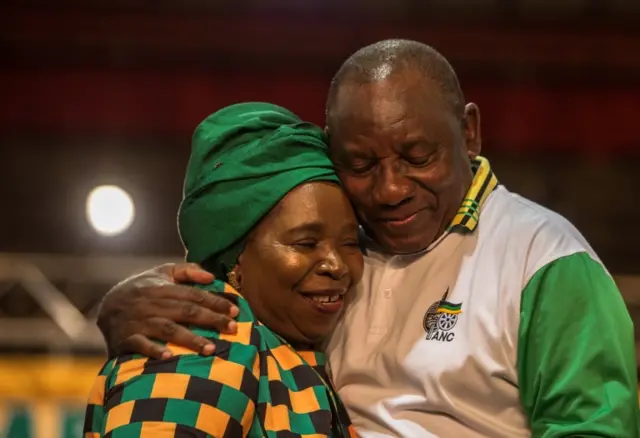 Newly elected African National Congress (ANC) President and current South African deputy President Cyril Ramaphosa (R) is congratulated by Nkosazana Dlamini-Zuma at the 54th ANC conference in Johannesburg on December 18. 2017