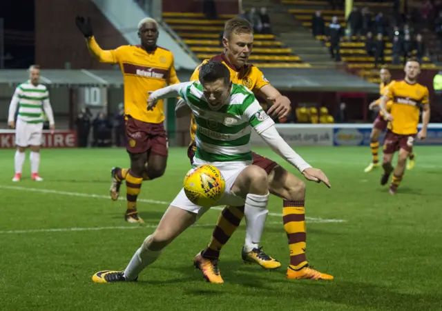 Celtic's Callum McGregor wins a penalty as he goes down under Andy Rose's challenge