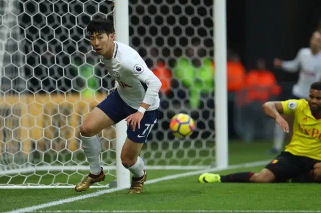 Heung-Min Son of Tottenham Hotspur celebrates