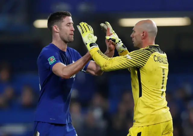 Chelsea's Gary Cahill and Willy Caballero celebrate