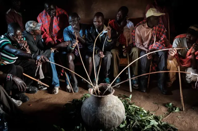 Kenyan Maasai men use stems to drink grain alcohol made from maize and millet flour from a pot near Kilgoris, Kenya,