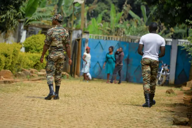 Soldiers patrol in Bafut, Cameroon, on November 15, 2017,