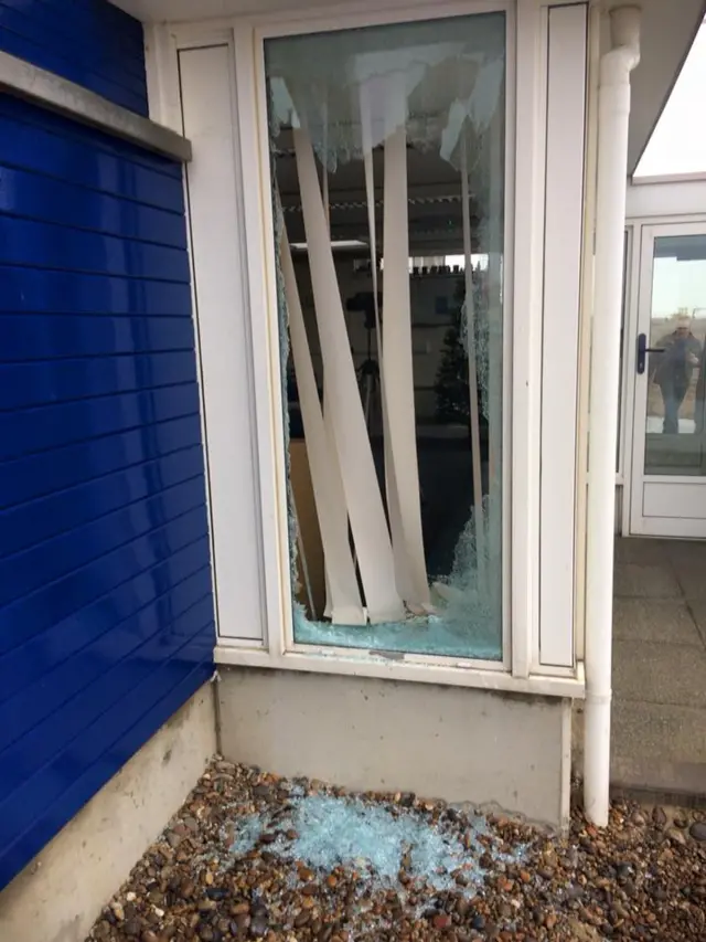 A broken window at Aldeburgh RNLI