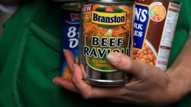 Tins of food in a person's hand