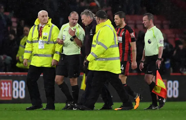 David Moyes with referee Robert Madley