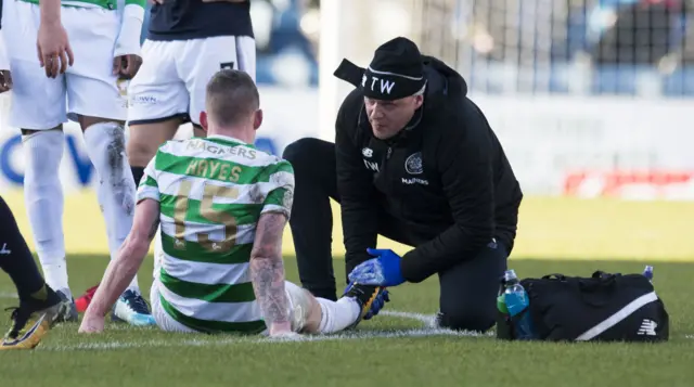 Celtic winger Jonny Hayes lies injured at Dens Park