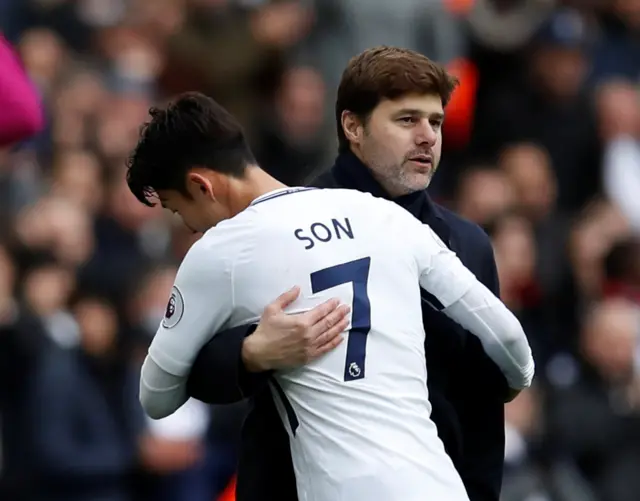 Son Heung-min speaks with Tottenham manager Mauricio Pochettino as he is substituted