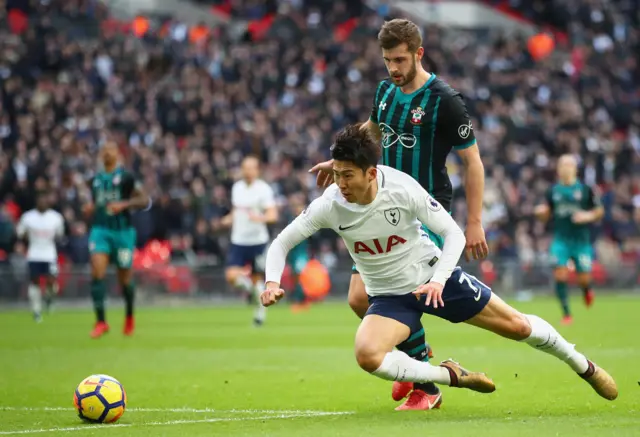 Jack Stephens of Southampton tackles Heung-Min Son of Tottenham Hotspur