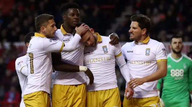 Sheffield Wednesday celebrate Jordan Rhodes' goal at Nottingham Forest