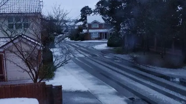 Snow on road in Stratford