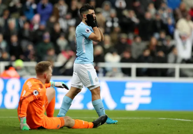 Sergio Aguero reacts after a goal is disallowed