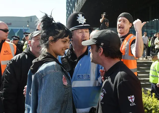 Activist Saffiyah Khan facing down protestor Ian Crossland