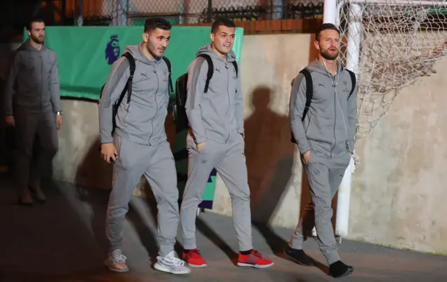 Sead Kolasinac, Granit Xhaka and Shkodran Mustafi arrive at Selhurst Park