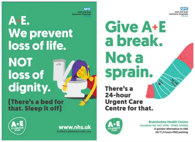 Two posters asking people not to come to A and E.