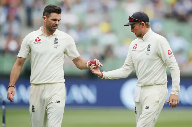 James Anderson and Joe Root inspect the ball