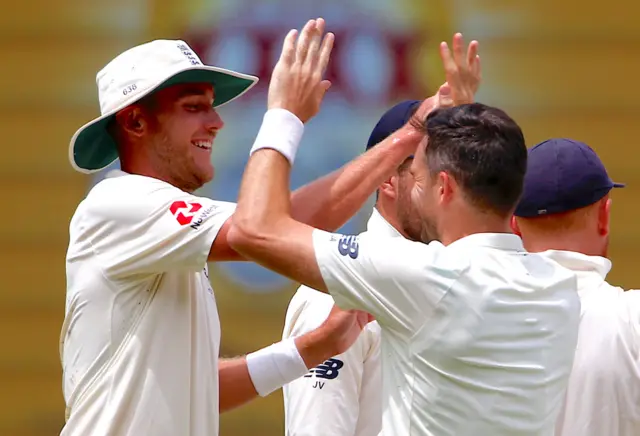 Stuart Broad and James Anderson celebrate