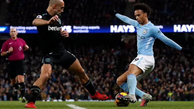 Leroy Sane takes on Pablo Zabaleta