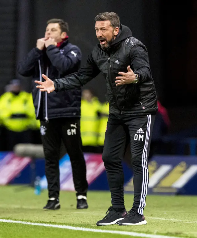 Derek McInnes makes a point to his side during their 3-0 defeat at Rangers