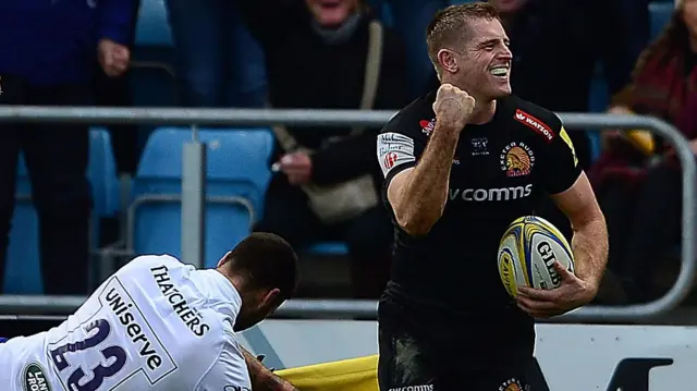 Gareth Steenson celebrates a try for Exeter