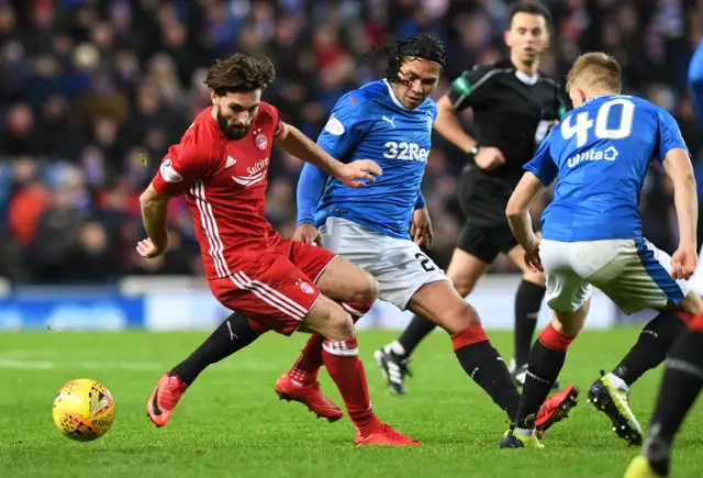 Aberdeen's Graeme Shinnie and Rangers' Carlos Pena contest the ball in this week's meeting at Ibrox