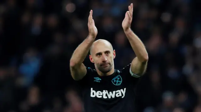 West Ham's Pablo Zabaleta applauds the fans at full-time