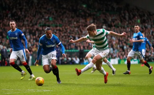 James Forrest fires a shot wide for Celtic