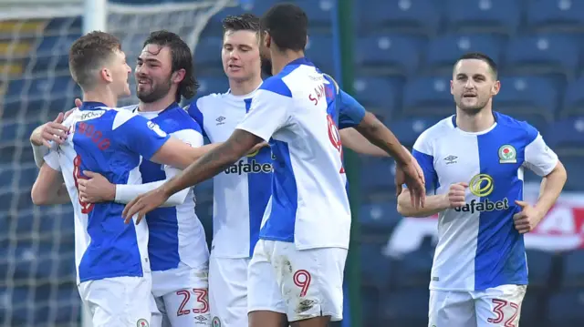 Blackburn celebrate scoring against Charlton at Ewood Park