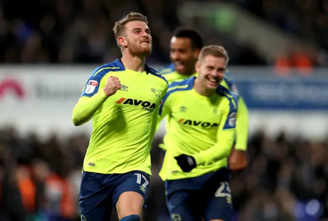 Sam Winnall celebrates his goal for Derby at Ipswich