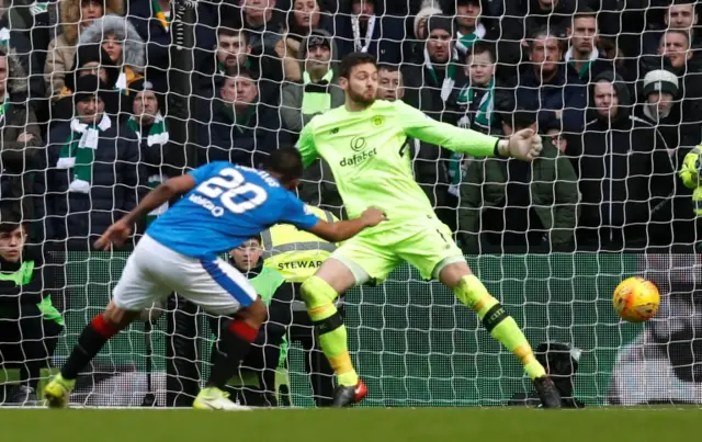 Alfredo Morelos sees his header saved by Craig Gordon