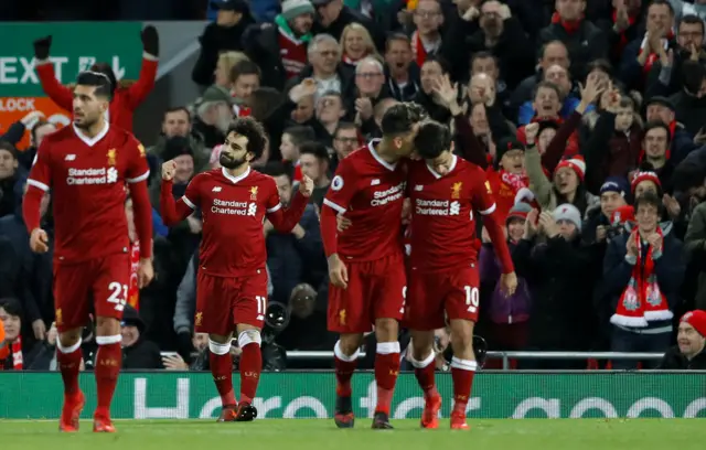 Mo Salah celebrates scoring Liverpool's second goal