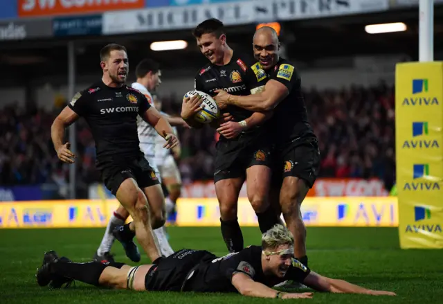 Exeter celebrate a try