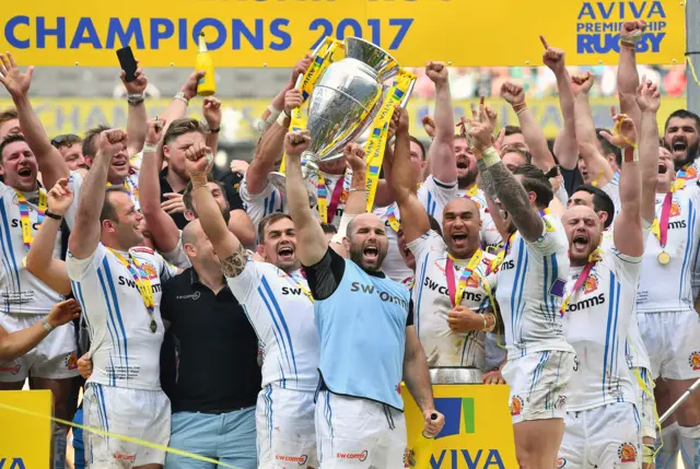 Exeter Chiefs with the Premiership trophy