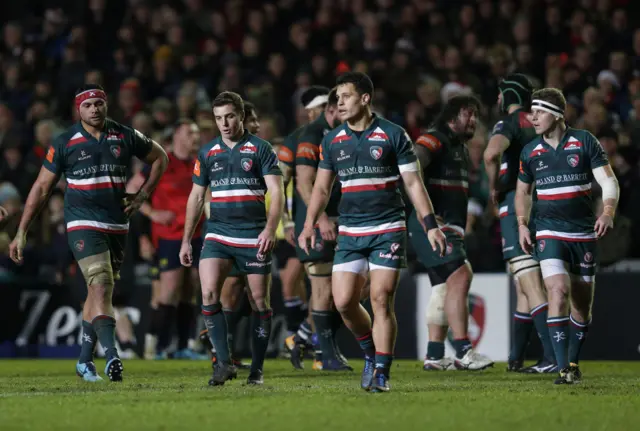 Dejected Leicester players during the European Rugby Champions Cup match