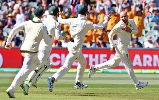 Nathan Lyon celebrates