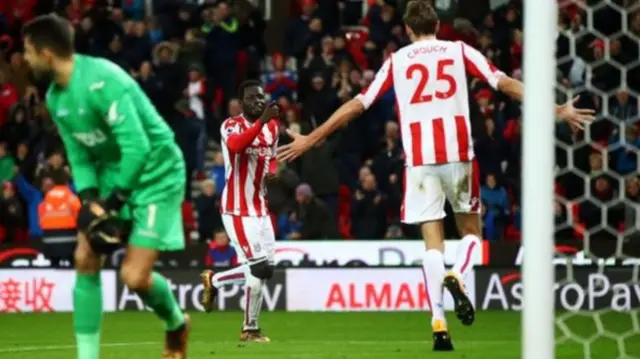 Mame Biram Diouf celebrating his fourth goal of the season for Stoke