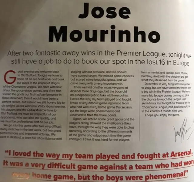 Jose Mourinho programme notes