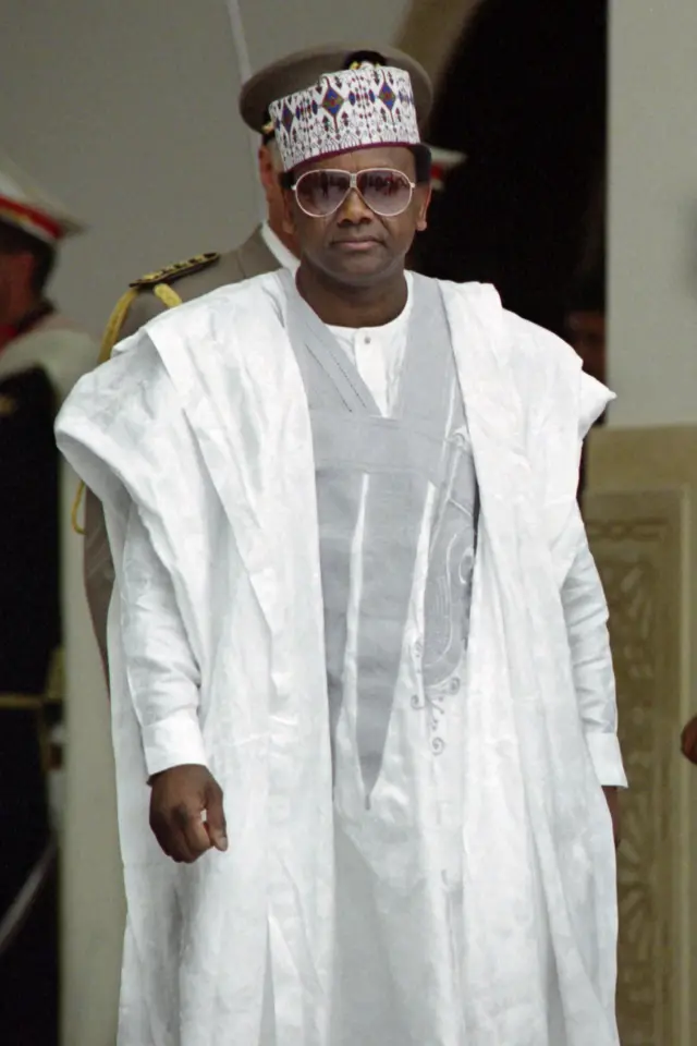 General Sani Abacha arrives in Tunis, on June 6, 1994, to attend the 30th summit of the Organisation of African Unity (OAU