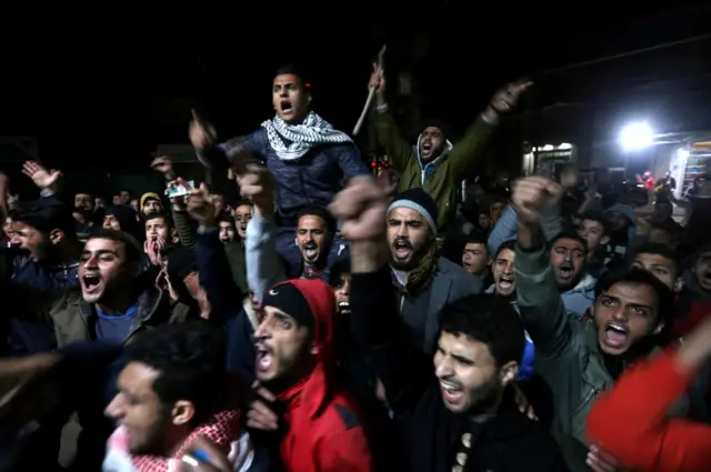 Palestinians protest against US President Trump's decision to recognise Jerusalem as Israel's capital, in Khan Younis in the southern Gaza Strip on 6 December 2017