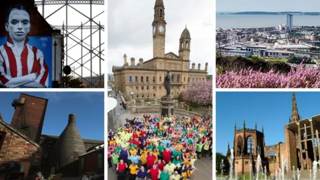 Clockwise from top left: Sunderland, Paisley, Swansea, Coventry, Stoke